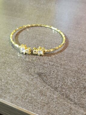 Gold-Filled Teddy Bear Open Cuff Bangle | Heart Crystal Bypass Bracelet